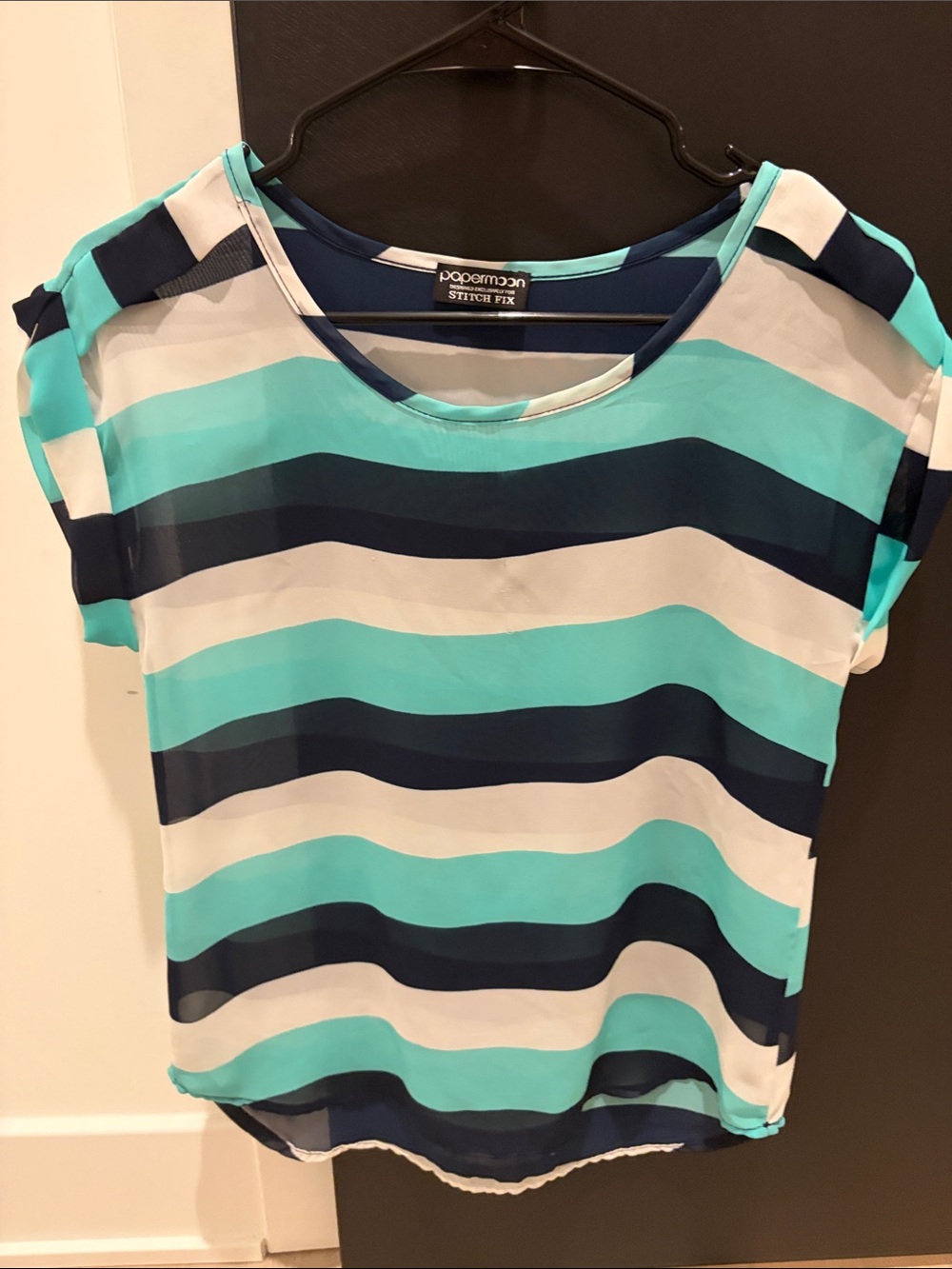 Papermoon Aqua, Navy & White Striped Short Sleeve Blouse